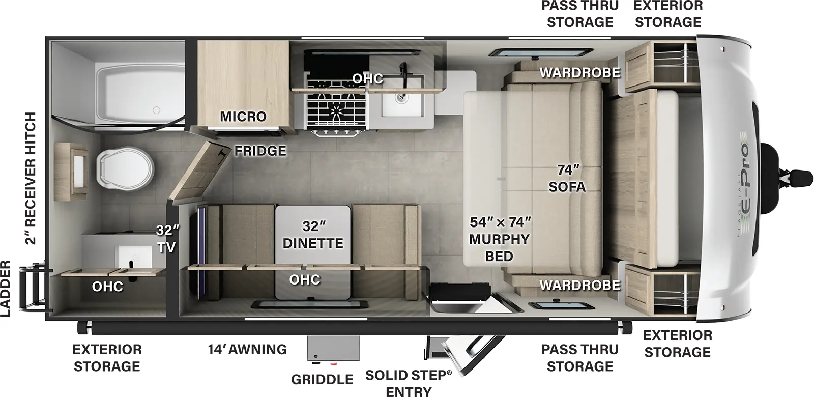 The E19FD has zero slideouts and one entry. Exterior features storage, pass-thru storage, solid step entry, griddle, 14 foot awning, rear ladder, and 2 inch receiver hitch. Interior layout front to back: murphy bed sofa with wardrobes on each side; off-door side kitchen counter with sink, cooktop, overhead cabinet, microwave, and refrigerator; door side entry, dinette, overhead cabinet, and TV; rear full bathroom with overhead cabinet.